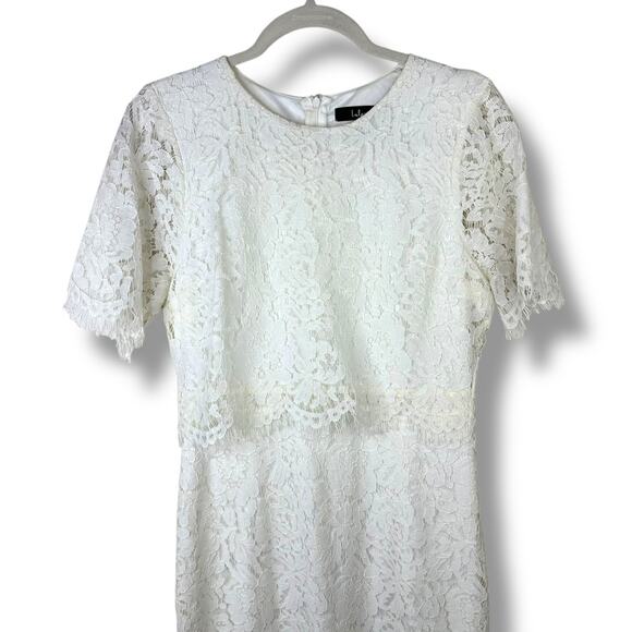 Lulus NWOT Devotion Off-White Eyelash Lace Sheer Cap Sleeve Midi Dress Medium - Picture 5 of 12